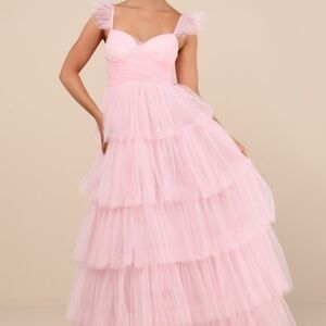 Lulus Fabulous Poise Light Pink Tulle Ruffled Tiered Maxi Dress - Size XXS